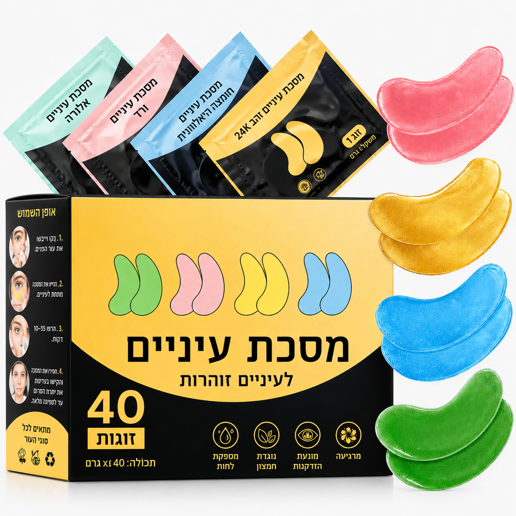 מסכות עיניים לעיניים זוהרות – 40 זוגות | אלוורה, ורד, חומצה היאלורונית וזהב 24K | מעניקות לחות ואנטי-אייג'ינג