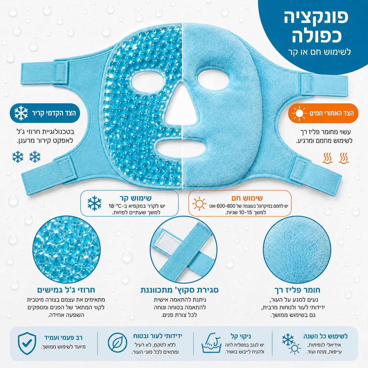 מסכת פנים עם כדורי ג'ל – קומפרס חם וקר | לשימוש חוזר