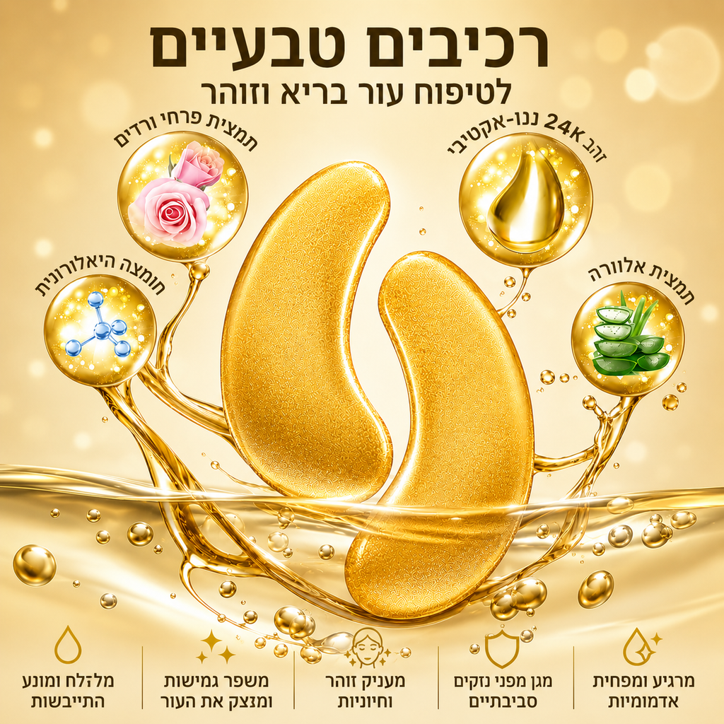 מסכות עיניים לעיניים זוהרות – 40 זוגות | אלוורה, ורד, חומצה היאלורונית וזהב 24K | מעניקות לחות ואנטי-אייג'ינג